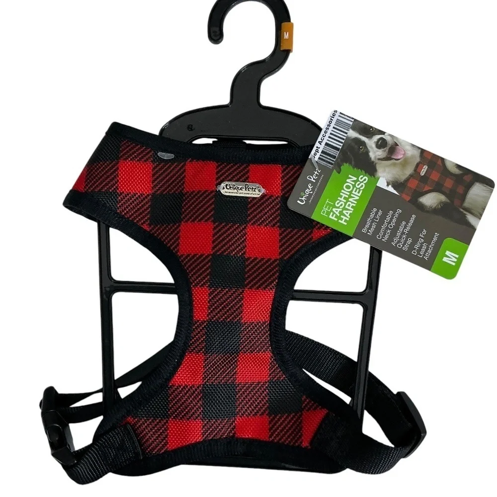 Unique Petz Dog Harness Medium Red Black Tartan Plaid Comfy Adjustable Size M